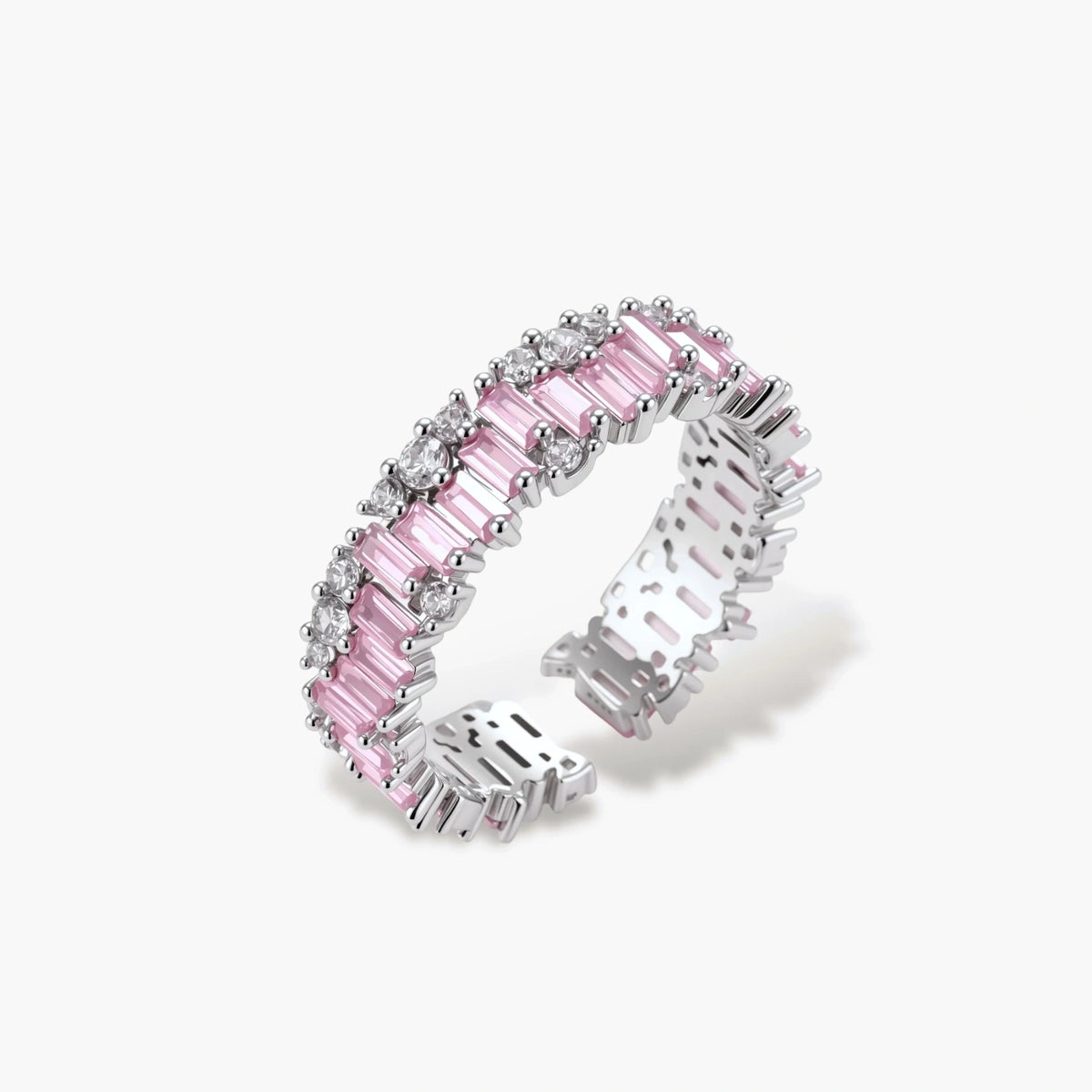 Adjustable eternity ring with alternating pink baguette and clear round cubic zirconia stones in palladium-plated setting