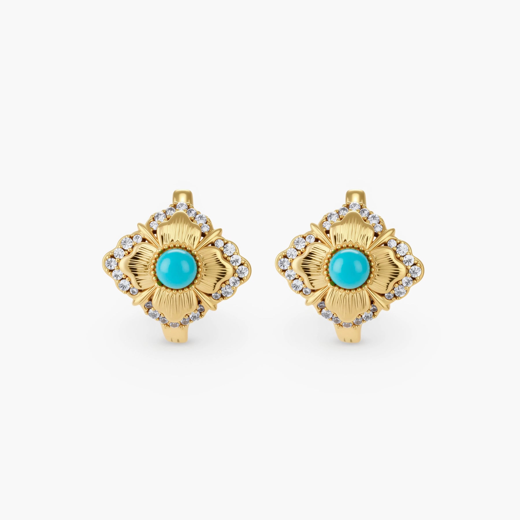 Close-up of 18K gold plated hoop earrings with turquoise center stones and zircon crystals in quatrefoil flower design